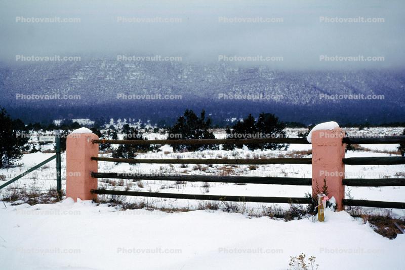 Fence, Snow, Mountains, west of Santa Fe