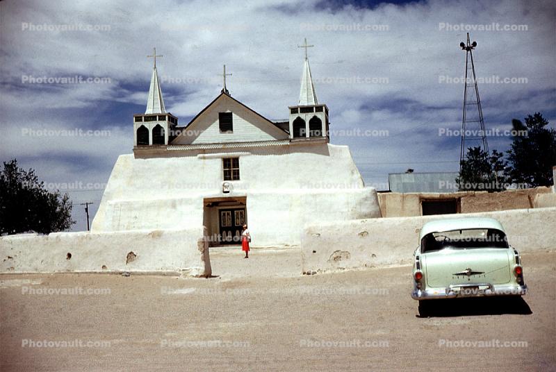 Mission Saint Augustine, Buick Car, automobile, vehicle, Isleta Pueblo, near Las Lunas, 1950s