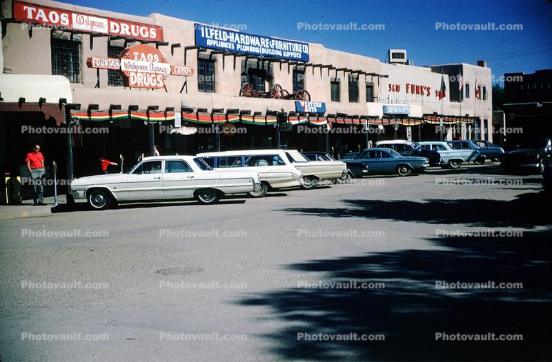 Exterior, Outside, Outdoors, Building, small town, main street, downtown, Little Town, Americana, cars, Taos, 1960s