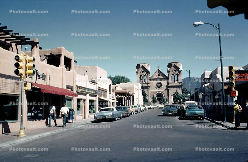 street, Cars, buildings, shops, Cathedral Basilica of Saint Francis of Assisi, Saint Francis Cathedral, Santa-Fe, September 1974, 1970s