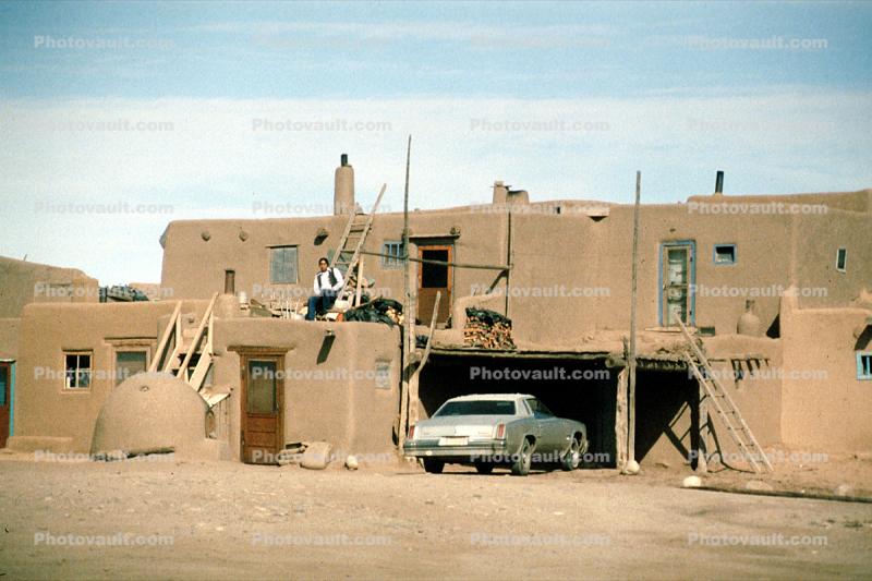 Building, Taos Pueblo, Cars, vehicle, Automobile, August 1965, 1960s