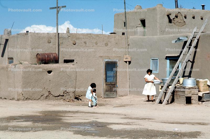 Woman, Child, Building, Ladder, Taos Pueblo