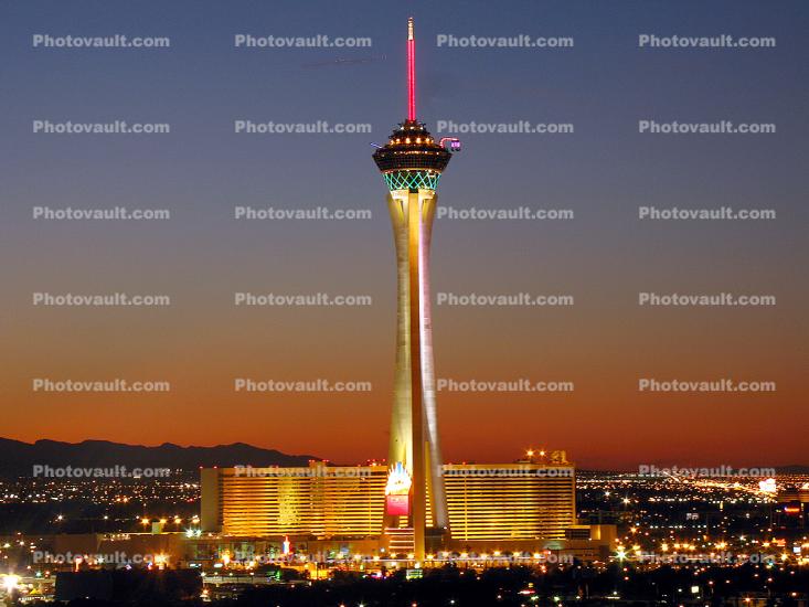 the Stratosphere, Twilight, Dusk, Dawn, Night, Neon Lights, Exterior, Outdoors, Outside, Nighttime, Sunset