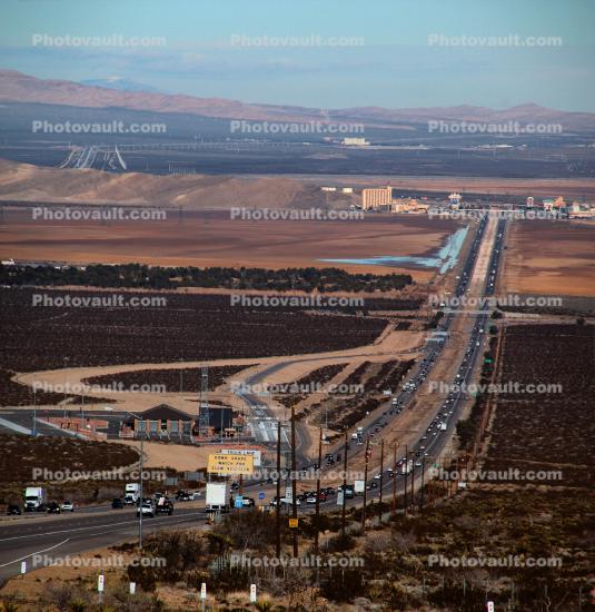 Interstate Highway I-15, cars, town, Primm Valley