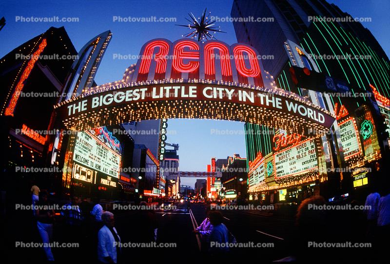 Reno Arch, Downtown, dusk, neon lights, fisheye