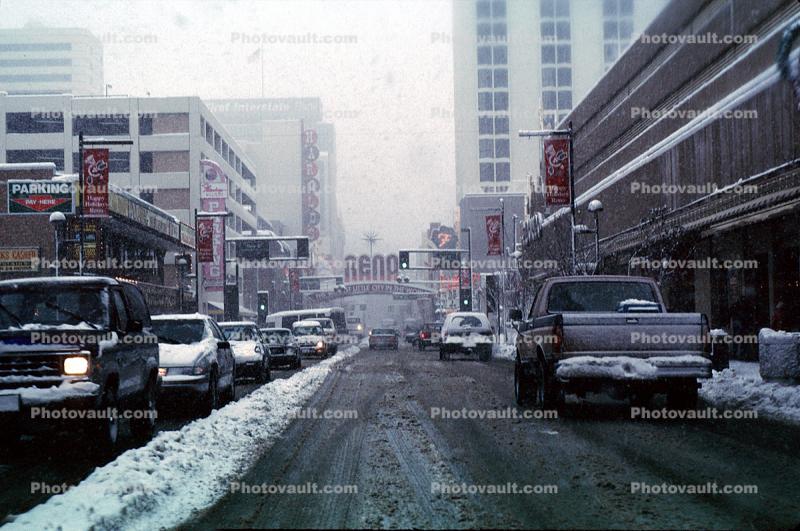 Reno Arch, Virginia Street, Downtown, snow, blizzard, sleet, storm, Cold, Ice, Winter, Wintry, Cars, vehicles, Automobile
