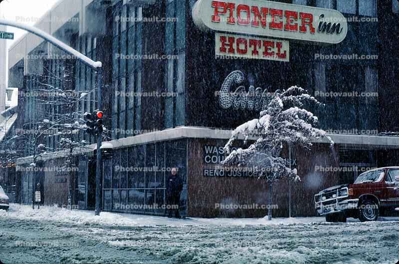 Pioneer Inn Hotel, Downtown Reno, snow, blizzard, sleet, storm, Cold, Ice, Frozen, Icy, Winter