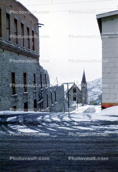 snow, church, buildings, street, Virginia City