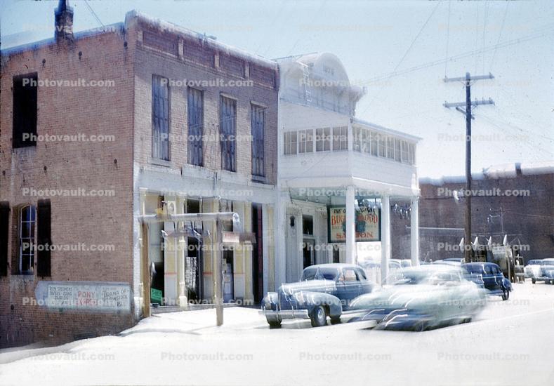 Bucket of Blood Saloon, Virginia City, building, cars, 1940s