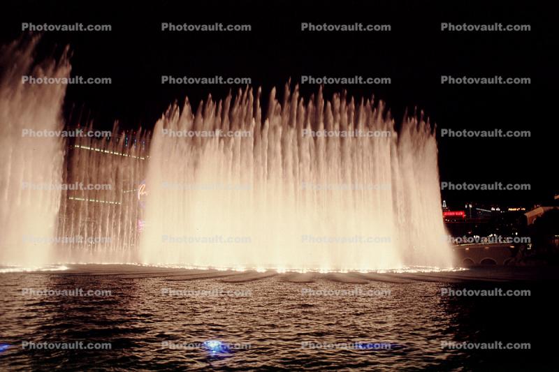 Water Fountain, aquatics, Night, nightime, lights, Exterior, Outdoors, Outside, Nighttime, The Bellagio Hotel and Casino