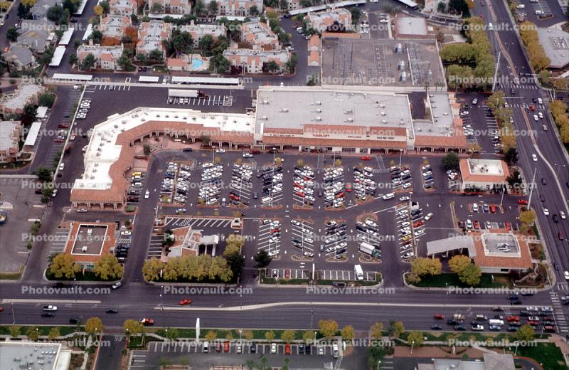 Corner Shopping Mall, Parking, Cars, mall, suburbia, suburban, buildings