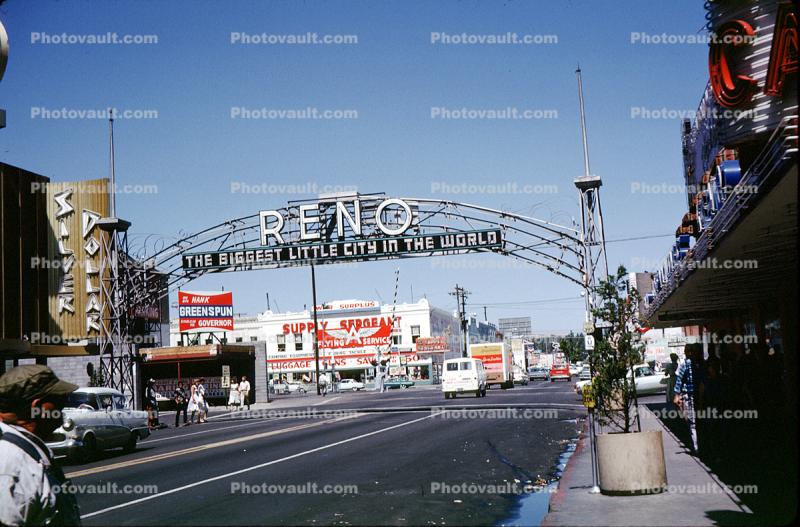 Reno Sign, Arch, Downtown, Cars, vehicles, Automobile, Signage, Silver Dollar Casino, Reno, 1962, 1960s