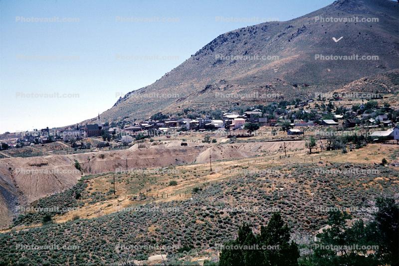 Mountainside, buildings, Virginia City, Nevada, 1962, 1960s