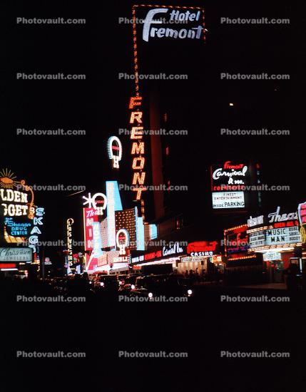 Fremont Hotel, Bingo, Lucky Strike Club, Neon signs, night, nighttime, Las Vegas, Nevada, 1962, Hotel, Casino, building, 1960s