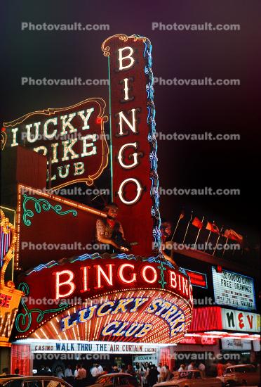 Bingo, Lucky Strike Club, Neon signs, night, nighttime, Las Vegas, Nevada, 1962, Hotel, Casino, building, 1960s