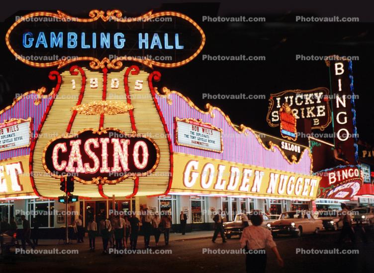 Golden Nugget, Casino, Gambling Hall, Neon signs, night, nighttime, buildings, Las Vegas, Nevada, 1962, Hotel, 1960s