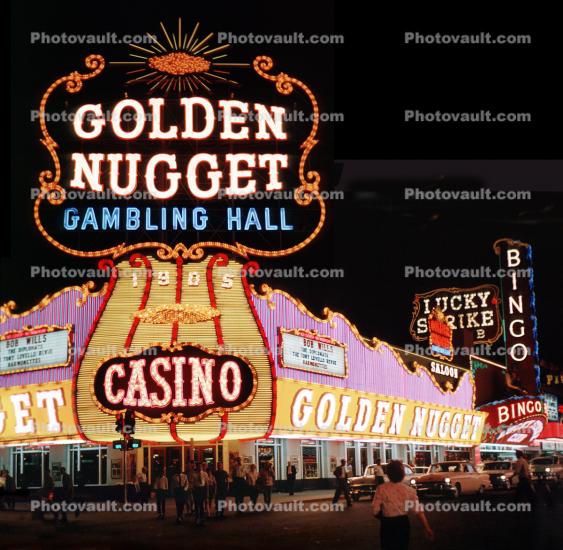 Golden Nugget, Casino, Gambling Hall, Neon signs, night, nighttime, Hotel, building, Las Vegas, Nevada, 1962, 1960s
