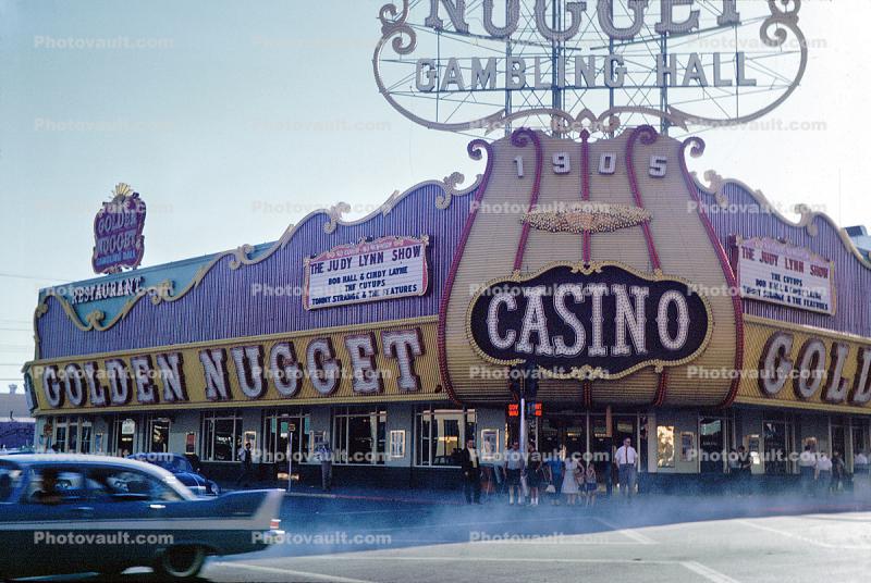 Golden Nugget, Casino, Gambling Hall, signage, early morning, Las Vegas, Nevada, Hotel, building, Cars, vehicles, Automobile, 1963, 1960s