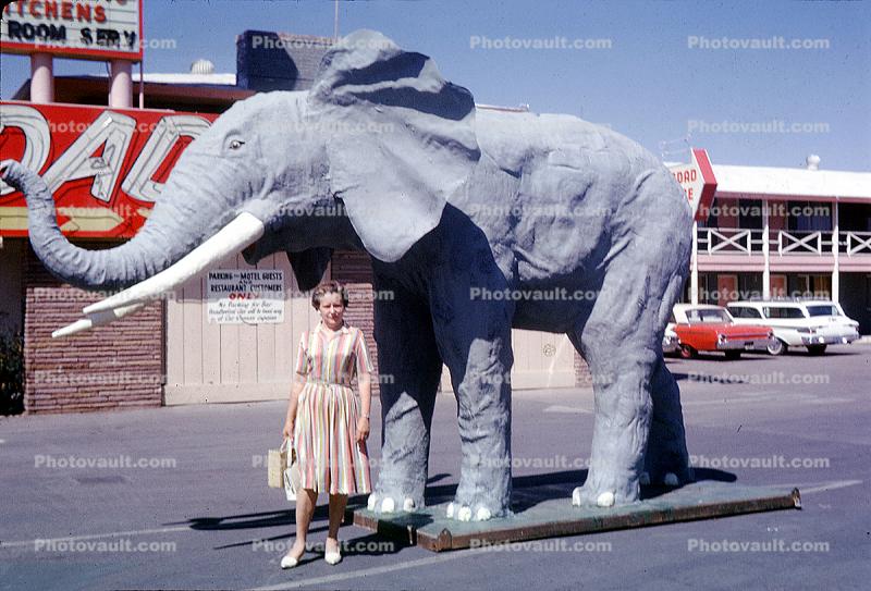 Elephant Statue, Woman, Dress, fashion, Bagdad Inn, Motel, 2211 South Las Vegas Blvd, 1963, 1960s
