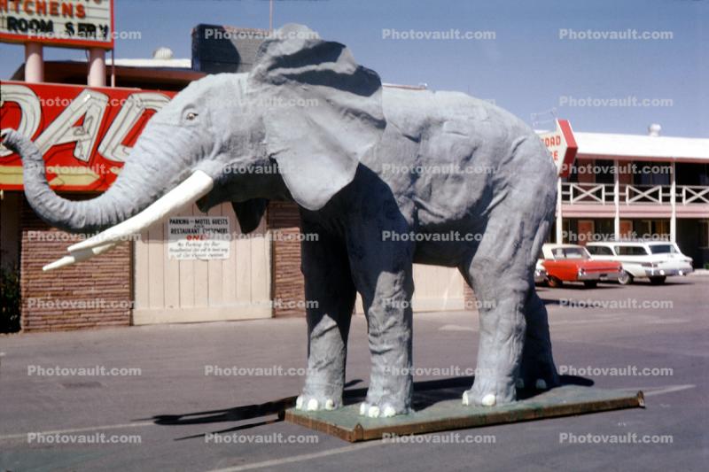 Elephant Statue at the Bagdad Inn, 2211 South Las Vegas Blvd, motel, 1963, 1960s