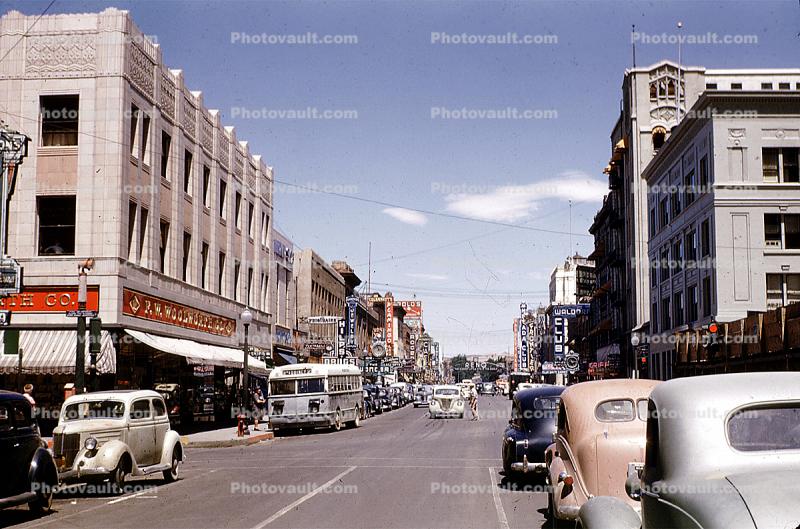 Woolworth, cars, street, store, building, vehicles, Automobile, downtown Reno, 1947, 1940s