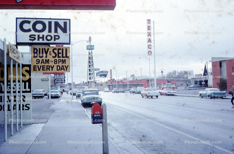 Big Bonanza, Hotel, Casino, building, Coin Shop, street, cars, 1968, 1960s