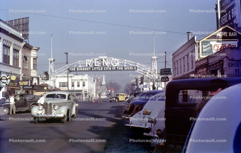 Reno, Arch, Sign, Cars, buildings, vehicles, Automobile, 1940s