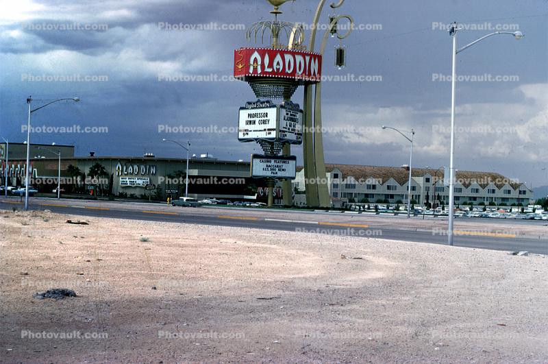 Sign, signage, building, Aladdin Hotel, 1967, 1960s