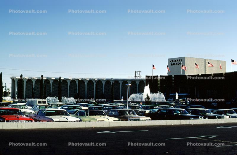 Caesers Palace, Parking Lot, Water, cars, vehicles, Automobile, Fountain, Aquatics, building, 1967, 1960s