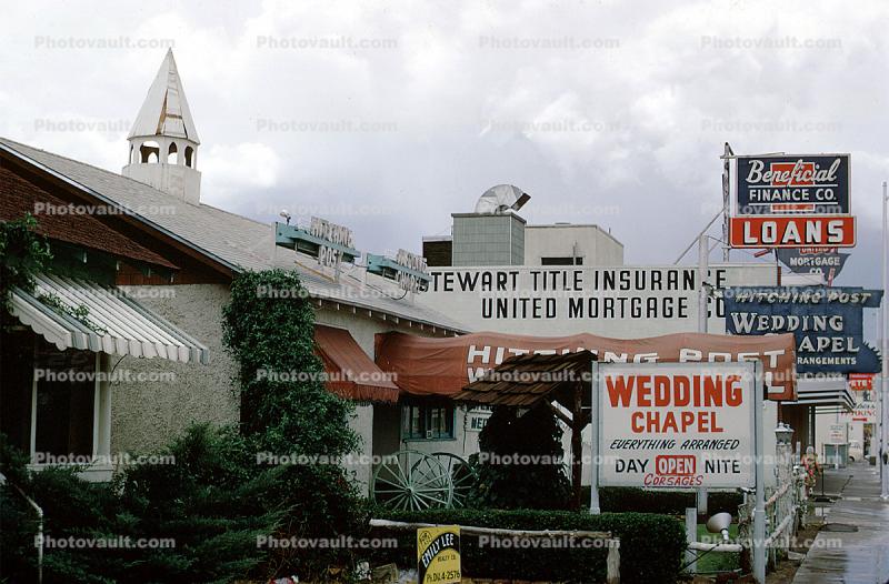 Hitching Post Wedding Chapel, Loans, building, signs, 1967, 1960s