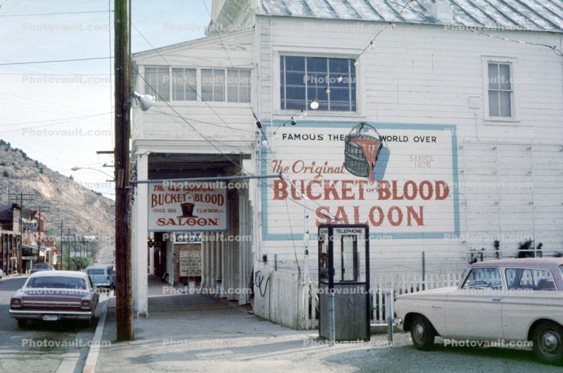 Bucket of Blood Saloon, Cars, vehicles, Automobile, building, phone booth, rambler, sign, Virginia City, June 1967, 1960s