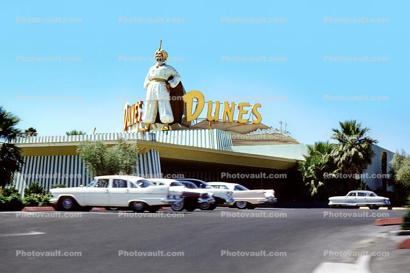 Dunes Hotel and Casino, building, cars, automobiles, vehicles, Sultan Statue, September 1958, 1950s