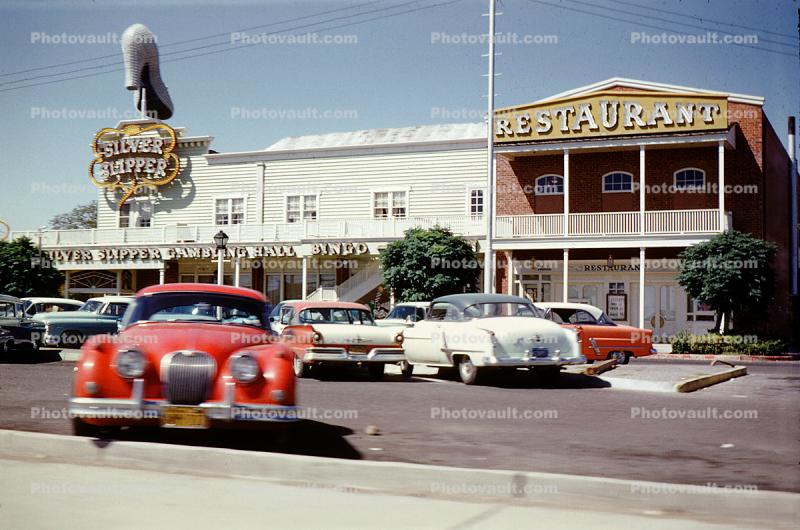 Silver Slipper Gambling Hall, Hotel and Casino, building, high heel shoe, cars, automobiles, vehicles, September 1958, 1950s