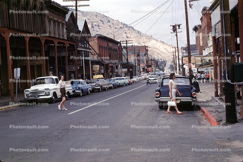 Main Street, town, buildings, shops, street, Cars, vehicles, Automobile, Virginia City, July 1960, 1960s