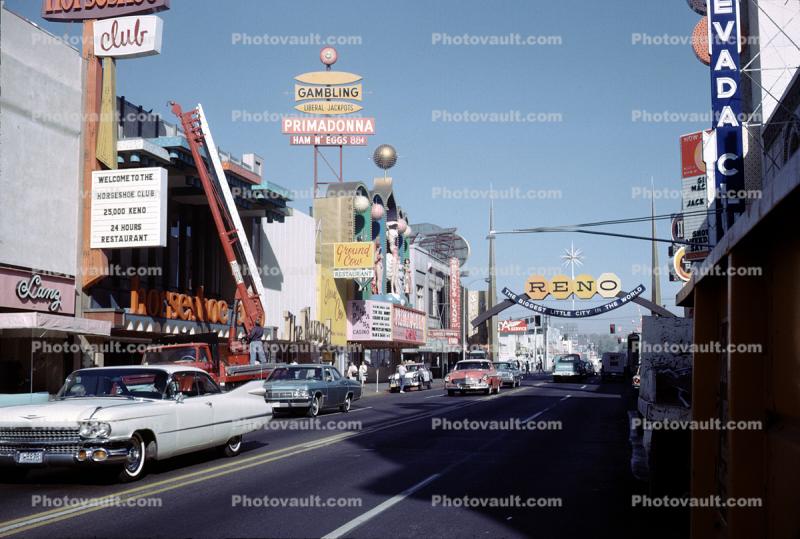 Downtown Reno, Casinos, Primadonna, Sign, arch, Cadillac Car, 1960s