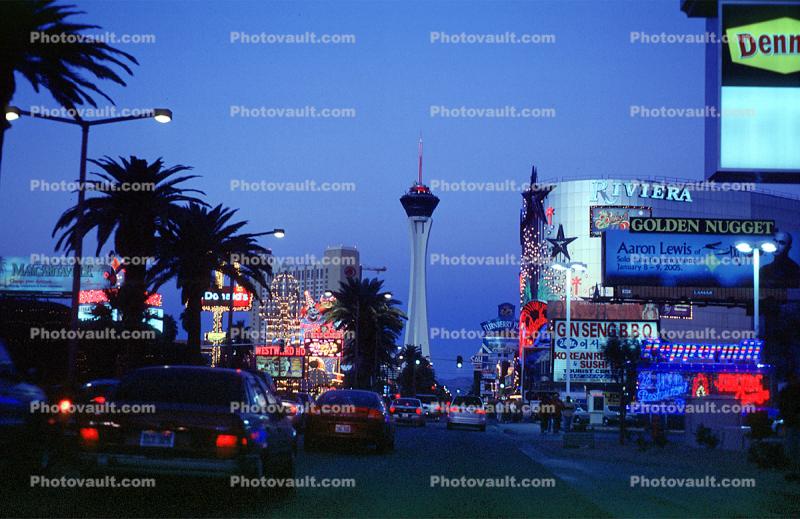 the Stratosphere, Tower, Riviera, Buildings, Hotel, Casino, Night, Exterior, Outdoors, Outside, Nighttime, neon signs