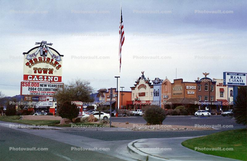 Terrible's Town Casino, flag, buildings, shopping center, Pahrump