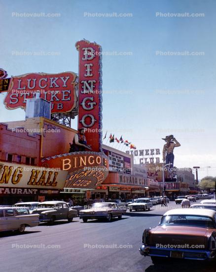 Downtown Vegas, Lucky Strike, cars, Casinos, building, Pioneer Club1950s