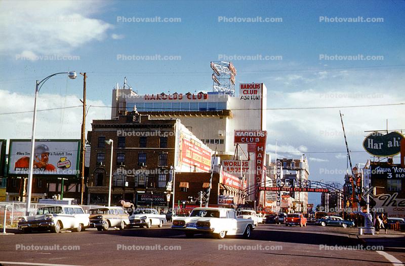 Harolds Club, Downtown Reno, Ford Thunderbird, buildings, cars, Reno Arch, September 1959, 1950s