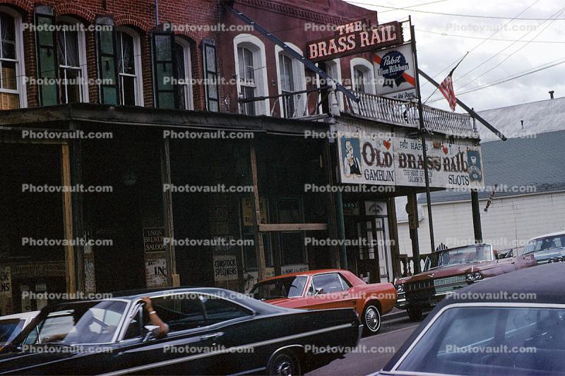 The Brass Rail, downtown, cars, shops, building, saloon, Virginia City, 1960s