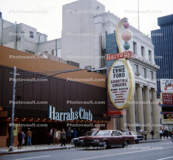 Harrahs Club, Ernie Ford, Goodtime Singers, Bobbie Martin, cars, buildings, 1968, 1960s