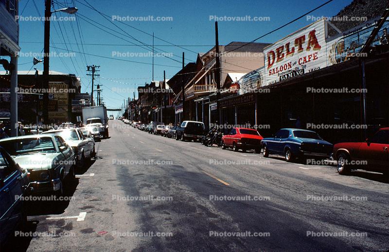 Delta Saloon Cafe, saloons, downtown, cars, shops, buildings, automobile, vehicles, Virginia City, 1960s