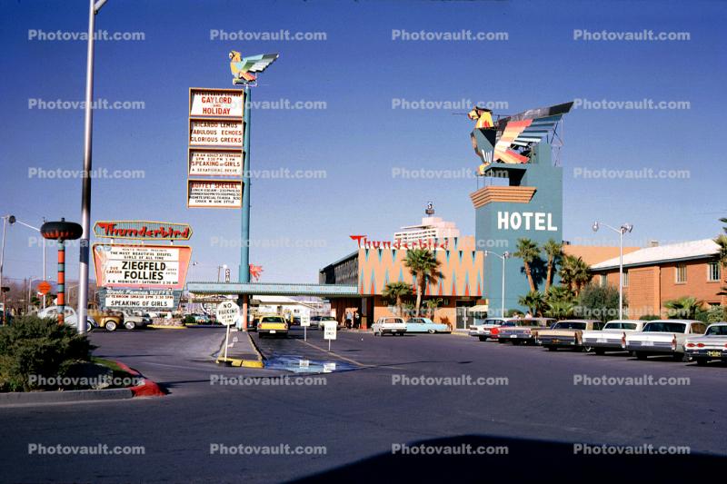 Thunderbird, Hotel, casino, building, parking lot, cars, retro, vehicles, March 1965, 1960s