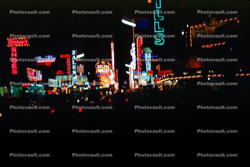 Nighttime, Downtown Las Vegas, Hotel, Casino, building, Neon Signage, night lights, March 1965, 1960s
