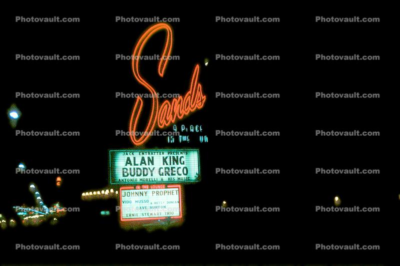 Sands Hotel, Alan King, Buddy Greco, Nighttime, night lights, Hotel, Casino, building, Neon Signage, March 1965, 1960s