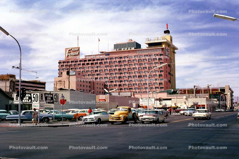 Fremont Hotel, Cars, automobile, vehicles, Skyroom, Downtown, Casino, building, March 1966, 1960s