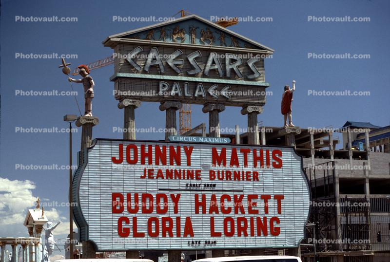 Johnny Mathis, Jeannine Burnier, Buddy Hackett, Gloria Loring, Caesars Palace, marquee