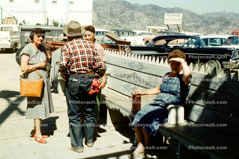 Cars, Woman Sitting, Bench, 1950s