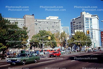 Hilton Hotel, building, cars, automobile, vehicles, October 1968, 1960s