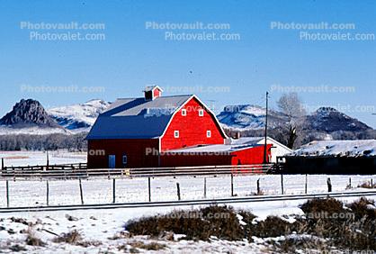 Barn, fields, cold, ice, snow, mountains